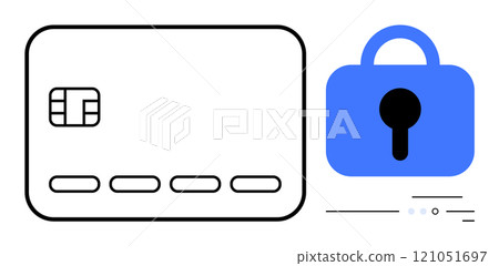 Depiction of a credit card and a padlock with a keyhole. Ideal for online security, financial transactions, data protection, cybersecurity awareness, and privacy. Simple vector style 121051697