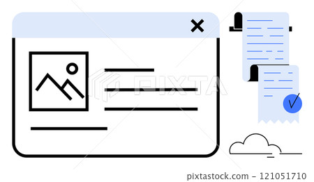 Browser window with an image placeholder, text lines and a scroll document on the right with a cloud underneath. Ideal for web design, digital content, online articles, document management Browser window with an image placeholder, text lines and a scroll document on the right with a cloud underneath. Ideal for web design, digital content, online articles, document management 121051710
