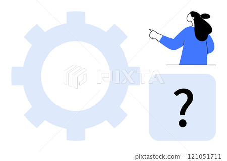 Person pointing towards a large gear and a box with a question mark. Ideal for problem-solving, decision making, innovation, strategy planning, technology-related topics. Minimalist, modern, vector Person pointing towards a large gear and a box with a question mark. Ideal for problem-solving, decision making, innovation, strategy planning, technology-related topics. Minimalist, modern, vector 121051711