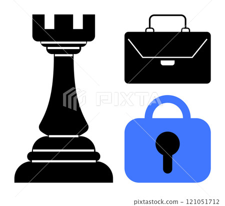 Chess rook stands beside a briefcase and a padlock symbolizing strategy business and security. Ideal for business strategy financial planning security concepts competitive analysis and corporate Chess rook stands beside a briefcase and a padlock symbolizing strategy business and security. Ideal for business strategy financial planning security concepts competitive analysis and corporate 121051712