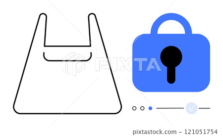 A black outline of a shopping bag beside a blue lock on a white background. Ideal for e-commerce, security, online shopping, digital privacy, and retail protection themes. Simple, modern, clean style 121051754