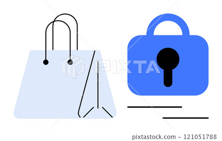 A simple design with a shopping bag and a lock symbol. Ideal for e-commerce, online shopping, security, digital safety, and retail protection. Clean lines and minimalistic style 121051788