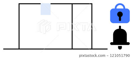 Minimalistic illustration displaying a security gate or door with a blue lock and a notification bell. Ideal for themes on security, notifications, privacy, protection, and digital alerts. Simple 121051790