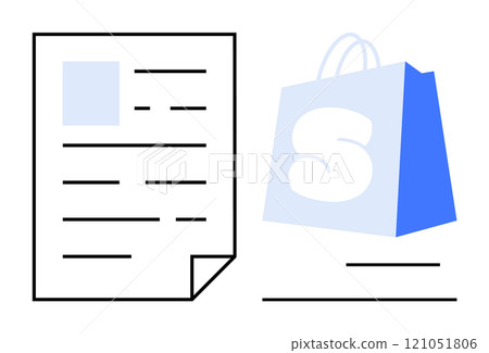A simple graphic shows a document with text lines and a shopping bag with the letter S. Ideal for e-commerce, online shopping, digital transactions, marketing, and financial reports. Clean modern 121051806