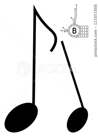 Black musical note with a Bitcoin symbol integrated with circuits. Ideal for music technology innovation, digital currency, tech art, financial tech, and modern design concepts. Simple minimalist Black musical note with a Bitcoin symbol integrated with circuits. Ideal for music technology innovation, digital currency, tech art, financial tech, and modern design concepts. Simple minimalist 121051808