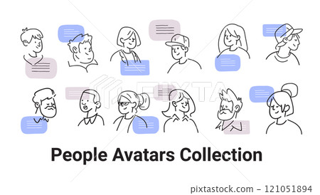 People avatars collection diverse faces doodle style with speech bubbles in pastel colors thin line drawing for web design template People avatars collection diverse faces doodle style with speech bubbles in pastel colors thin line drawing for web design template 121051894