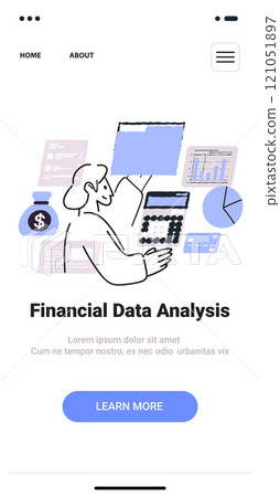 Financial data analysis concept person using calculator charts graphs money bag minimalist thin line design mobile app screen 121051897