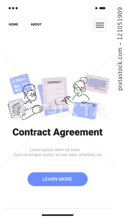 Contract agreement concept with people signing documents charts and folders in minimalist hand drawn style landing page design 121051909