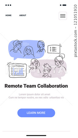Remote Team Collaboration concept with people discussing charts and notes in a minimalist doodle style for mobile app screen 121051910