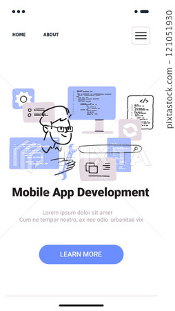 Mobile app development concept with developer coding tools and screens in minimalist thin line style website design 121051930