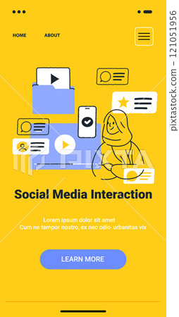 Social media interaction concept with woman sketch icons in yellow and blue minimalist design mobile app template Social media interaction concept with woman sketch icons in yellow and blue minimalist design mobile app template 121051956