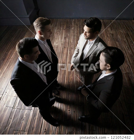 Businessmen facing each other in a dark room 121052482