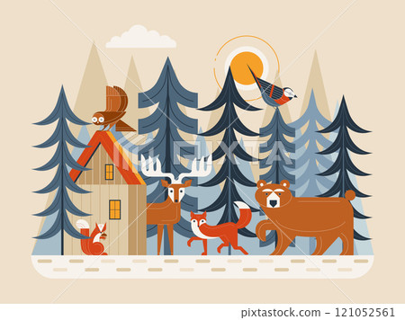 Scandinavian Forest Wildlife Scene with Animals and Birds Scandinavian Forest Wildlife Scene with Animals and Birds 121052561