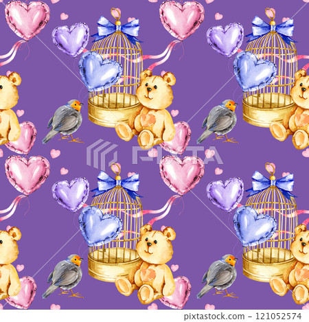 watercolor seamless pattern with golden bird cage, cute bird, funny bear toy, blue, pink, lilac foil air balloons in a heart shape, hand drawn illustration for valentine's day, birthday, kid's party watercolor seamless pattern with golden bird cage, cute bird, funny bear toy, blue, pink, lilac foil air balloons in a heart shape, hand drawn illustration for valentine's day, birthday, kid's party 121052574
