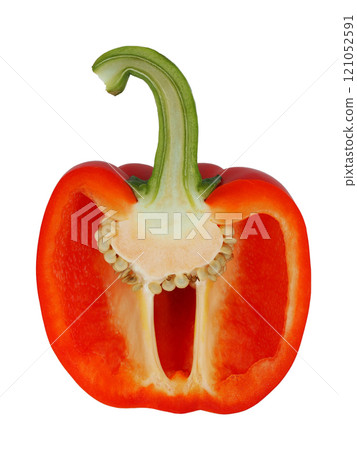 Red Bell Pepper Half Showing Seeds and Interior. Perfect for Nutrition Education and Cooking Recipes Red Bell Pepper Half Showing Seeds and Interior. Perfect for Nutrition Education and Cooking Recipes 121052591