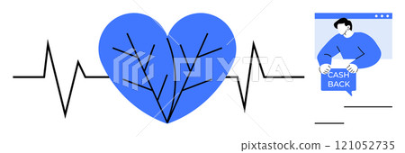 Blue heart integrated with heartbeat line and a man holding a sign that reads Cash Back. Ideal for finance health promotion customer loyalty wellness vector modern clean style 121052735