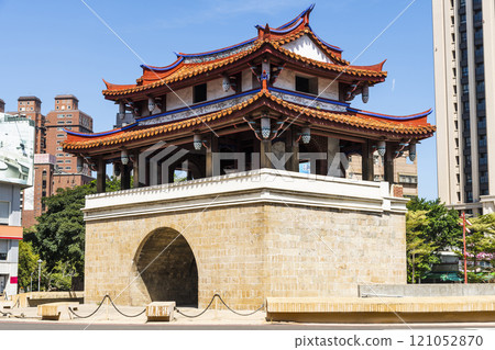 Building view of the Yin Hsi East Gate in Hsinchu City, Taiwan. Built in the 11th year of Yongzheng in the Qing Dynasty. Building view of the Yin Hsi East Gate in Hsinchu City, Taiwan. Built in the 11th year of Yongzheng in the Qing Dynasty. 121052870