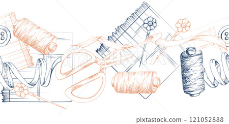 Hand drawn ink vector illustration sewing craft supplies. Fabric scissors snaps, wooden buttons ribbon lace, indigo beige. Frame isolated on white background. Design atelier, tailor, hobby shop Hand drawn ink vector illustration sewing craft supplies. Fabric scissors snaps, wooden buttons ribbon lace, indigo beige. Frame isolated on white background. Design atelier, tailor, hobby shop 121052888