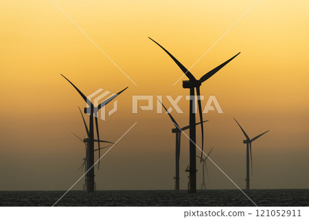 Sunset view of the Offshore wind power systems off the western coast of Taiwan. 121052911