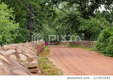 Rural dirt road in the countryside. Old low fence made of stones and clay Rural dirt road in the countryside. Old low fence made of stones and clay 121053042