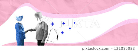 Dental professional shaking hands with patient, represented by a tooth-headed figure, against pink and white abstract background. Contemporary art collage. 121053088