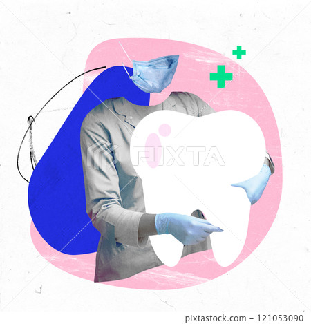 Dentist in gloves and mask holding large white tooth illustration, set against colorful abstract background with medical symbols. Contemporary art collage. 121053090