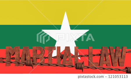 The Martial law and barbed wire on Myanmar flag for Background concept 3d rendering. The Martial law and barbed wire on Myanmar flag for Background concept 3d rendering. 121053113