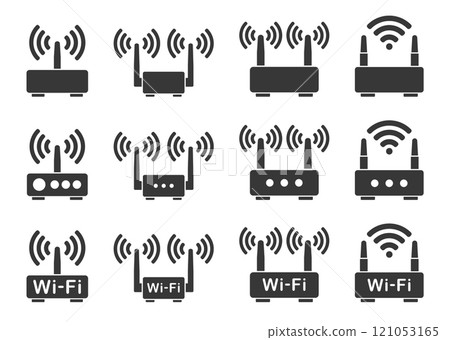 Wifi router icon symbol shape set. Wlan modem sign logo silhouette.  adsl, dsl, network, internet connection. Vector illustration. Isolated on white background. 121053165