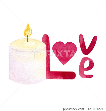 White burning candle with hand written red word love becide it watercolor illustration isolated on white. Perfect for St Valentine cards, romantic invitations, stickers, stationary decor, packages. White burning candle with hand written red word love becide it watercolor illustration isolated on white. Perfect for St Valentine cards, romantic invitations, stickers, stationary decor, packages. 121053271