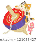 Illustration of a calico cat playing on a New Year's lucky top 121053427