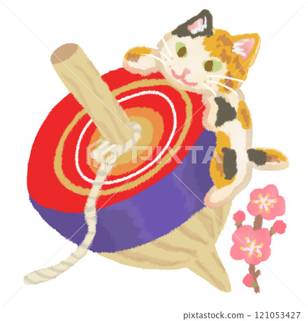 Illustration of a calico cat playing on a New Year's lucky top 121053427
