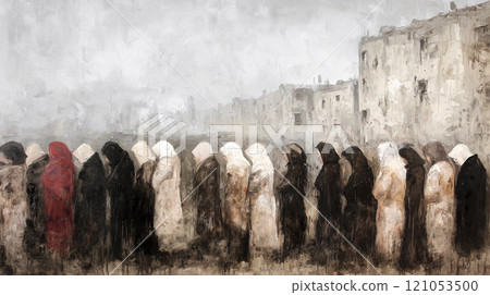 Women mourning in war torn city painting 121053500