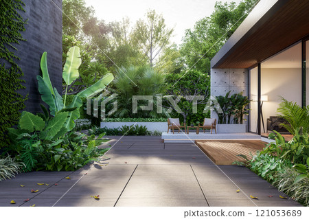 Modern loft style tropical garden of modern house 3d render illustration Modern loft style tropical garden of modern house 3d render illustration 121053689