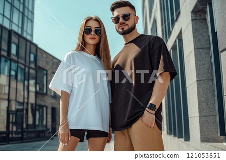 Man and woman wearing blank t-shirt 121053851