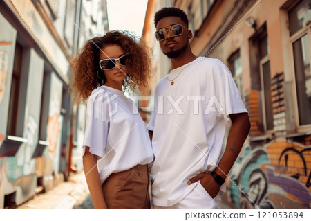 Man and woman wearing blank t-shirt Man and woman wearing blank t-shirt 121053894