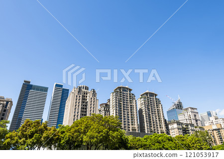 Low-angle view of the modern architectural landscape in Taichung Taiwan. here is near the National Taichung Theater. 121053917