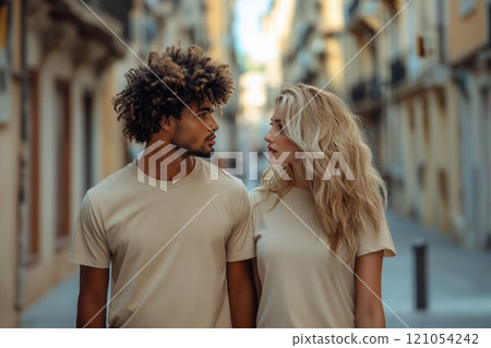 Man and woman wearing blank t-shirt Man and woman wearing blank t-shirt 121054242