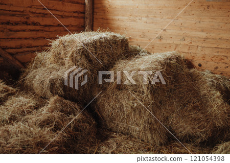 Hay bales stacked in old wooden barn on historic cattle ranch 121054398