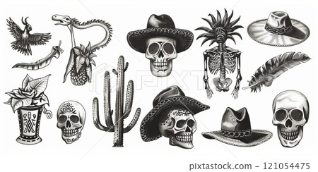 A collection of artistic tattoos featuring skulls, cactus, hats, and various cultural elements in black and white design 121054475