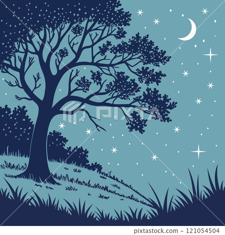 Night landscape with large old branching tree against sky, stars and crescent moon. A pictorial hand drawing of romantic mood. Base for a card, letter or package 121054504