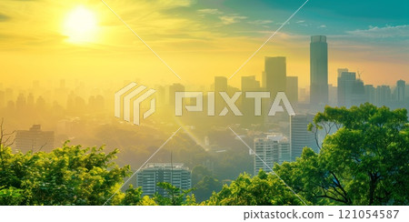 City skyline bathed in warm golden sunlight with trees in the foreground, showcasing a blend of urban development and natural greenery under a bright sky 121054587