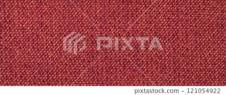 Texture dark red background from woven textile with wicker pattern, macro. Structure vintage wine fabric 121054922