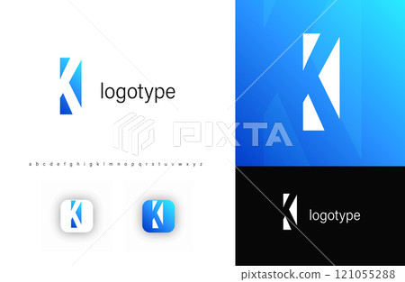 Minimalist monogram letter K logo with angular cutout style and negative space effect, logo kit template with alphabet. Vector illustration 121055288