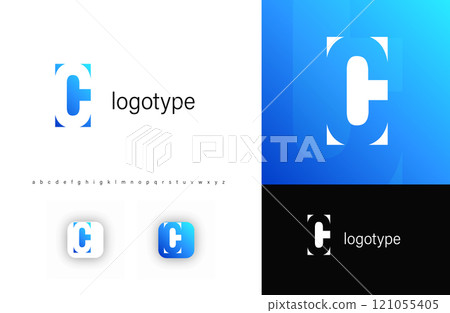 Minimal geometric monogram, negative space letter C, sleek corporate logo, edgy modern typography, clean logotype symbol, contemporary tech identity, stylish emblem design. Vector illustration. 121055405
