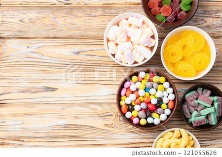 Mix of colorful candies . Top view 121055626