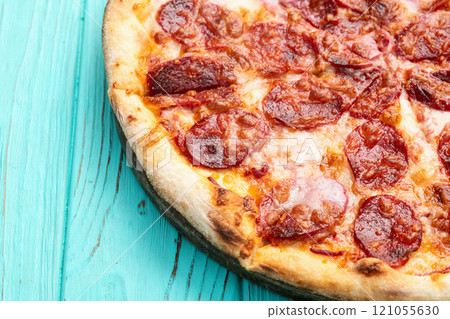 Pizza pepperoni fast food . Top view on rustic background Pizza pepperoni fast food . Top view on rustic background 121055630