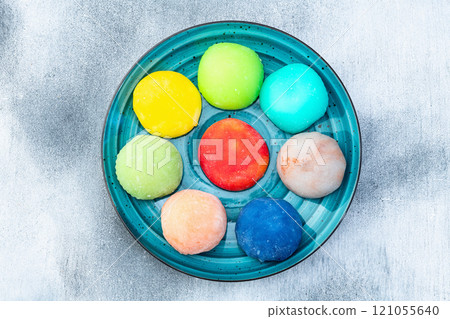 Mix of colorful mochi . Traditional japanese dessert 121055640