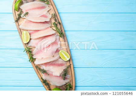 Raw tilapia fillet photography . Top view Raw tilapia fillet photography . Top view 121055646