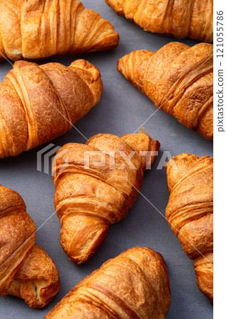 Group of sweet croissant . French morning breakfast . Top view 121055786