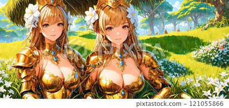 Two beautiful women in golden armor Two beautiful women in golden armor 121055866